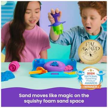 Kinetic Sand, SquishMotion with 1lb Pink, Yellow & Blue Play Sand, Stamper & 5 Tools, Storage Case, Sensory Toys for Kids Ages 5 and up