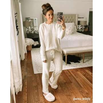 luvamia Women's Casual Fuzzy Fleece Knitted Pajama Set Two Pieces Long Pj Sets Loungewear Sleepwear Nightwear Cozy Pajamas Travel Outfits For Women Airplane Outfit Air Lounge Beige Medium