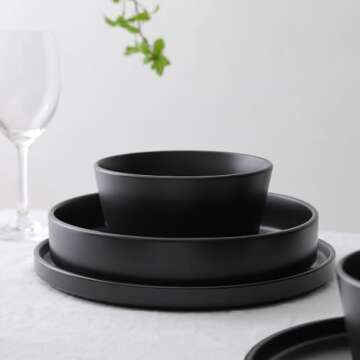 Stone Lain Celina Stoneware 12-Piece Dinnerware Set, Cereal and Pasta Bowls, Black, Coupe