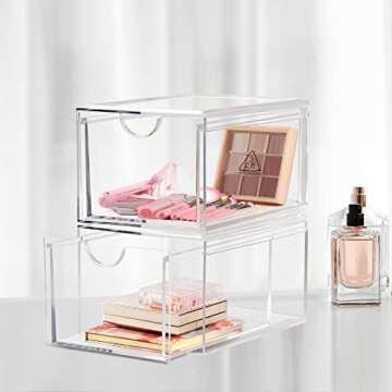 Boxalls 2 Pack Acrylic Stackable Storage Drawers Makeup Organizer, 20% Thicker Clear Bathroom Organizers for Cosmetics, Skin Care, Hair Accessories, Beauty, Vanity, Countertop and Dresser