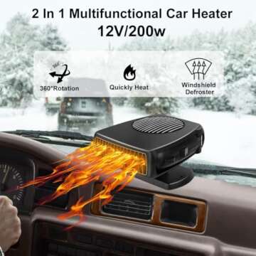 Car Heater, 200W 12V Portable Windshield Defogger and Defroster，2 in 1 Modes Fast Heating &Cooling Fanswith Cigarette Lighter Plug 360 Degree Rotary Base (black)