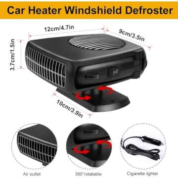 Car Heater, 200W 12V Portable Windshield Defogger and Defroster，2 in 1 Modes Fast Heating &Cooling Fanswith Cigarette Lighter Plug 360 Degree Rotary Base (black)