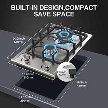 Gas Stove Gas Cooktop 2 Burners 12 Inch,ANHANE Portable Stainless Steel Built-in Gas Hob, LPG/NG Dual Fuel Easy to Clean for RVs, Apartments, Outdoor