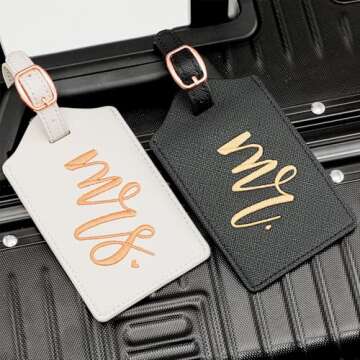 CHOIEO Mr and Mrs Luggage Tags, Bridal Shower Gift Honeymoon Gifts Wedding Gifts for Bride, PU Leather Travel Tags with Name ID Address Card (White&Black)