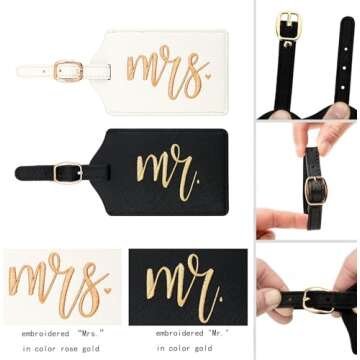 CHOIEO Mr and Mrs Luggage Tags, Bridal Shower Gift Honeymoon Gifts Wedding Gifts for Bride, PU Leather Travel Tags with Name ID Address Card (White&Black)