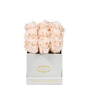 Venus et Fleur Le Mini Square - The Original Preserved Roses in a Box That Last a Year - White Gift Box, 9 Blush Roses