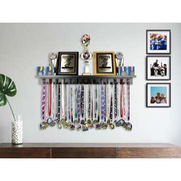 3ft- Medal Awards Rack Ultimate Medal Hanger Display and Trophy Shelf - Multi-Sport Trophy and Medal Holder for Medal Display, Plaques, Pictures, Trophies and more. Solid Wood - Large 36" - Black