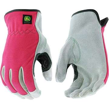 John Deere JD00016-WSM Split Cowhide Leather Gloves - [1 Pair] Small/Medium Women’s Work Gloves, Pink Black