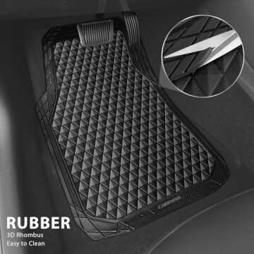 CAR PASS Black Rubber Car Mats, All-Weather Floor Mats Full Set Durable Anti-Slip 3D Rhombus Waterproof Automotive Pad Trim to Fit Liner Universal Fit for Sedan SUV Truck Van, 4 Pcs All Black Rubber