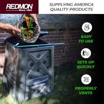 Redmon 65 Gallon Outdoor Compost Bin with Snapping Lift Off Lid, 4 Door Access, and Multiple Vent Holes for Garden and Landscaping, Black