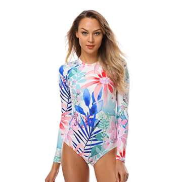 AXESEA Womens Long Sleeve Rash Guard UV UPF 50+ Sun Protection Printed Zipper Surfing One Piece Swimsuit Bathing Suit Jungle