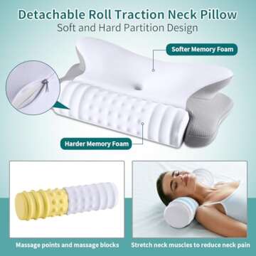 Cervical Neck Pillow and Roll Neck Pillow - 2 in 1 Detachable Ergonomic Pillow for Neck Pain Relief, Neck Support Pillows for Sleeping, Memory Foam Pillow for Side, Back & Stomach Sleepers (White)