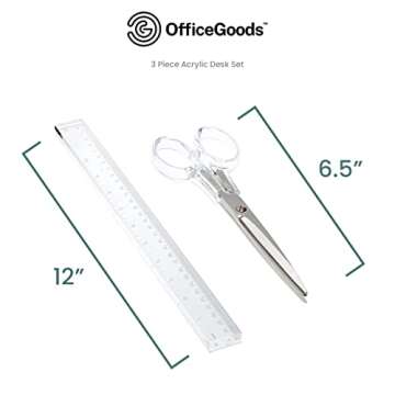 OfficeGoods 3 Piece Acrylic Desk Set - Includes Ruler, Staple Remover, Scissors - Functional & Elegant Desk Accessories - Stationary Tools for Home, Office, and School - Silver