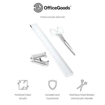 OfficeGoods 3 Piece Acrylic Desk Set - Includes Ruler, Staple Remover, Scissors - Functional & Elegant Desk Accessories - Stationary Tools for Home, Office, and School - Silver