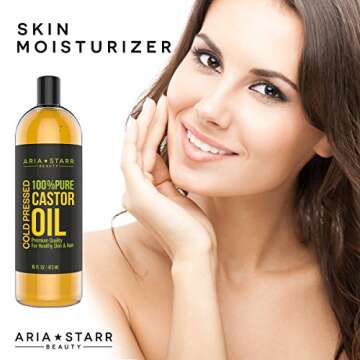 Aria Starr Castor Oil Cold Pressed - 16 FL OZ - 100% Pure Hair Oil For Hair Growth, Face, Skin Moisturizer, Scalp, Thicker Eyebrows And Eyelashes