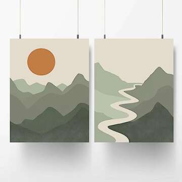 BACKYMRART Boho Green Sun Mountain Landscape Wall Art Sunset Mint Poster Mid Century Abstract Print Set of 2 Nature Prints for Living Room Bedroom Decor 12x16in Frameless Poster, 12x16inchx3 Unframed