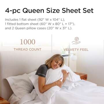 Threadmill 100% American Supima Cotton Sheets, Queen Sheet Set 1000 Thread Count Luxury 4 PC Luxury Bedding Set, Hotel Quality Sateen Weave, Hotel White Sheets with Elasticized Deep Pocket