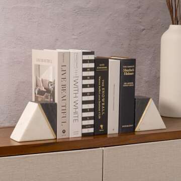 Cork & Mill Marble Book Ends for Shelves, Decorative Bookends for Heavy Books, Unique Mid Century Modern Gray and White Bookends with Brass Inlay, Heavy Duty Bookshelf Stopper, Set of 2