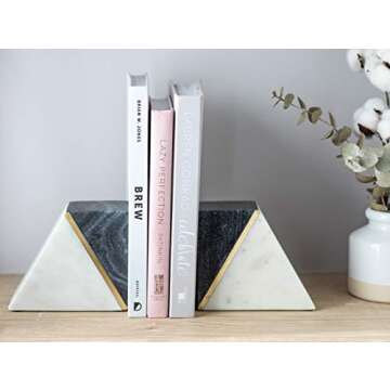 Cork & Mill Marble Book Ends for Shelves, Decorative Bookends for Heavy Books, Unique Mid Century Modern Gray and White Bookends with Brass Inlay, Heavy Duty Bookshelf Stopper, Set of 2