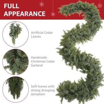 Cedar Christmas Garland with Lights for Mantle - Decorations 9ft Realistic Lighted Faux Pine Garlands for Xmas Home Decoration Indoor Stairs Railing Fireplace Outdoor 9 ft Prelit Garland Door Decor