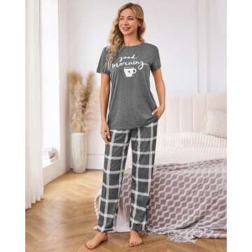 difficort Women's Pajama Sets Print Short Sleeve Top and Long Pants Sleep Set with Pockets, Grey, Medium