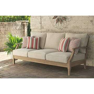 Signature Design by Ashley Clare View Coastal Outdoor Patio Eucalyptus Sofa with Cushions, Beige