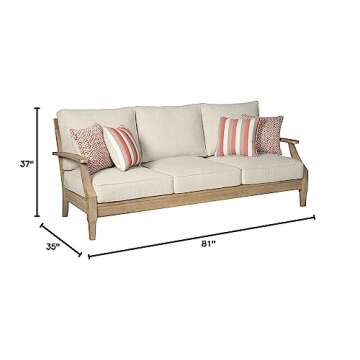 Signature Design by Ashley Clare View Coastal Outdoor Patio Eucalyptus Sofa with Cushions, Beige