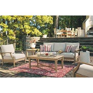 Signature Design by Ashley Clare View Coastal Outdoor Patio Eucalyptus Sofa with Cushions, Beige