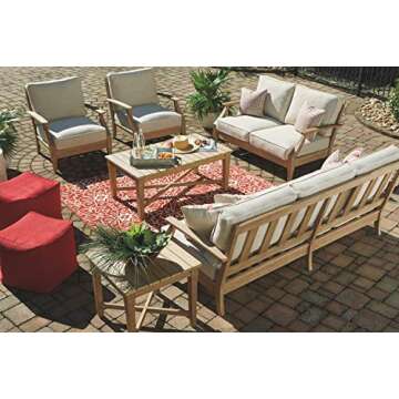 Signature Design by Ashley Clare View Coastal Outdoor Patio Eucalyptus Sofa with Cushions, Beige