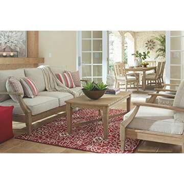 Signature Design by Ashley Clare View Coastal Outdoor Patio Eucalyptus Sofa with Cushions, Beige