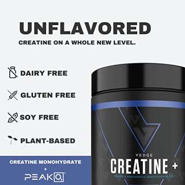 vedge Nutrition Creatine + | Vegan Plant-Based Creatine Monohydrate Powder | Energy, Performance & Function | Ergogenic Aids for Athletes | Unflavored, 30 Servings