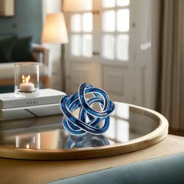 Torre & Tagus Orbit Hand Blown Glass Infinity Knot Sculpture - 3 Inch Glass Art Blue Knot Decor Ball for Home Decor, Small Centerpiece Table Decoration for Home Interior (Indigo Blue)