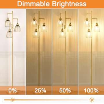 Dimmable Industrial Floor Lamps for Living Room, Gold Tree Standing Tall Lamps with 3 Elegant Teardrop Cage Head & 800 Lumens LED Bulbs for Bedroom Office