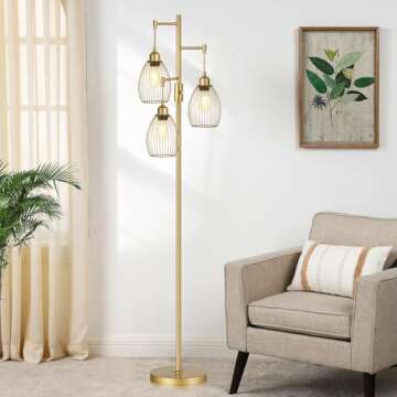 Dimmable Industrial Floor Lamps for Living Room, Gold Tree Standing Tall Lamps with 3 Elegant Teardrop Cage Head & 800 Lumens LED Bulbs for Bedroom Office