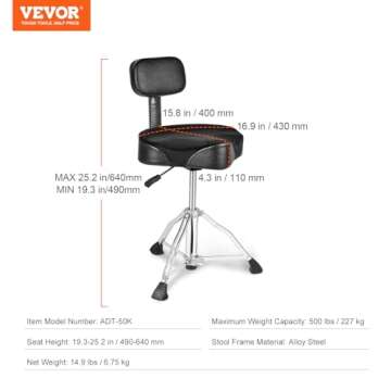 VEVOR Drum Throne with Backrest, 19.3-25.2 in/490-640 mm Height Adjustable, Hydraulic Saddle Padded Drum Stool Seat with Anti-Slip Feet Drumsticks 227 kg/500 lbs Max Capacity, 360°Swivel for Drummers