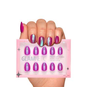 Glamnetic Press On Nails - Berry Fizz | Short Oval, Magenta Nails with a Mesmerizing Metallic Finish | 15 Sizes - 30 Nail Kit with Glue
