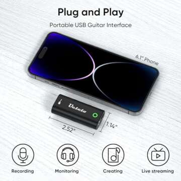 Ueteto Audio Interface for Guitar, Portable Internal Recording Sound Card for Live Streaming for Iphone, Ipad and Android smartphones and tablets, No Driver Needed