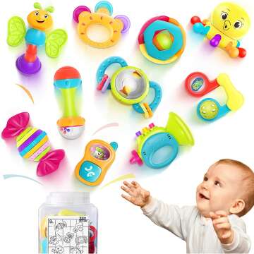 iPlay, iLearn 10pcs Baby Rattles Toys Set, Infant Grab N Shake Rattle, Sensory Teether, Early Development Learning Music Toy, Newborn Birthday Gifts for 0 1 2 3 4 5 6 7 8 9 10 12 Month Babies Boy Girl