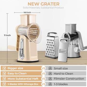 SUSTEAS Rotary Cheese Grater with Handle - Vegetable Shredder with 5 Well-designed Blades & Strong Suction Base,Round Mandoline Slicer & Food Chopper for Kitchen,with Blade Storage Box(Beige)