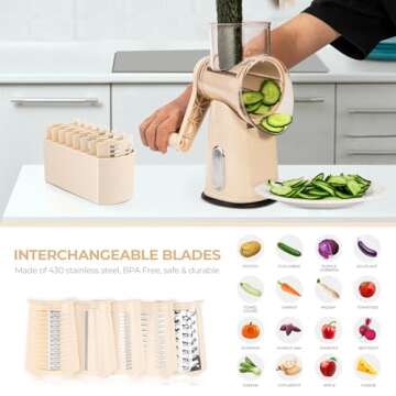 SUSTEAS Rotary Cheese Grater with Handle - Vegetable Shredder with 5 Well-designed Blades & Strong Suction Base,Round Mandoline Slicer & Food Chopper for Kitchen,with Blade Storage Box(Beige)