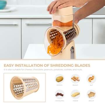 SUSTEAS Rotary Cheese Grater with Handle - Vegetable Shredder with 5 Well-designed Blades & Strong Suction Base,Round Mandoline Slicer & Food Chopper for Kitchen,with Blade Storage Box(Beige)