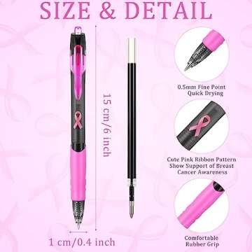 Yeaqee 24 Pcs Breast Cancer Awareness Retractable Pink Pens Pink Ribbon Ballpoint Pen 0.5mm Black Ink Pink Gel Pens Fine Point Pink Office Supplies for Event Theme Party Favors Accessories