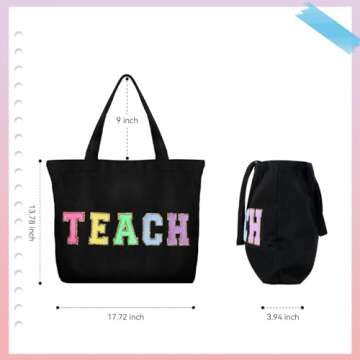 Dripykiaa Teacher Appreciation Gifts Teacher Gifts Tote Bag Canvas Chenille Letter Patches Teacher Work Bag Tote Bag with Zipper Pocket Graduation Retirement Birthday Teacher Gifts for Women