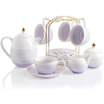 SWEEJAR Porcelain Tea Sets,8 oz Cups and Saucer Teaspoon Set of 4, with Teapot Sugar Bowl Cream Pitcher and tea strainer for Tea/Coffee,Afternoon Tea Party (Purple)