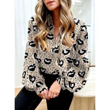 Dokotoo Womens Oversized Cute Tops for Women 2024 Trendy Casual Summer Spring Lantern Long Sleeve Shirts V Neck Blouses Leopard Printed Flowy Loose Work Business Professional Clothes Khaki Small