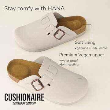 CUSHIONAIRE Hana Footbed Clogs for Women, Trendy Slip-On Buckle Vegan Leather Clogs with Cork Footbed, Womens Suede Clogs, Comfortable Clogs for Women, Arch Support Mules & Clog Slippers Potato Shoes IVORY 6