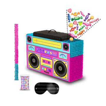 Boombox Piñata 4-Piece Set perfect for Retro Birthday Party, Decorations, 80s Parties, Hip Hop 90s, 1980’s Radio Piñata for kids and adults (17”X10”) durable!