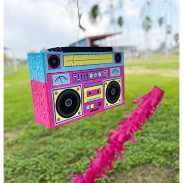 Boombox Piñata 4-Piece Set perfect for Retro Birthday Party, Decorations, 80s Parties, Hip Hop 90s, 1980’s Radio Piñata for kids and adults (17”X10”) durable!