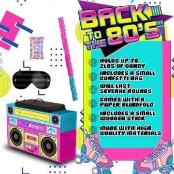 Boombox Piñata 4-Piece Set perfect for Retro Birthday Party, Decorations, 80s Parties, Hip Hop 90s, 1980’s Radio Piñata for kids and adults (17”X10”) durable!