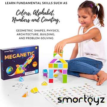 SMARTOYZ Magnetic Building Blocks and Tiles for Kids - STEM Toy Blocks for Ages 3+ Sharpen Creativity, Problem Solving, Fine Motor Skills - BPA-Free Plastic Building Bricks Magnets for Toddlers